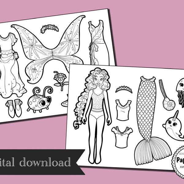 Mermaid paper doll - Paper dolls printable - colouring pages - Fairy dress - mermaid birthday invitation - party favors