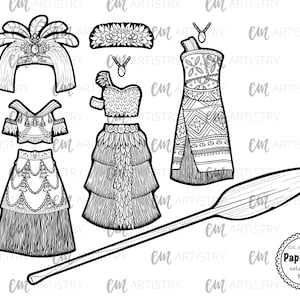 May include: Black and white line art paper doll of a Polynesian woman with a variety of clothing options, including a skirt, top, headdress, necklace, and a paddle.