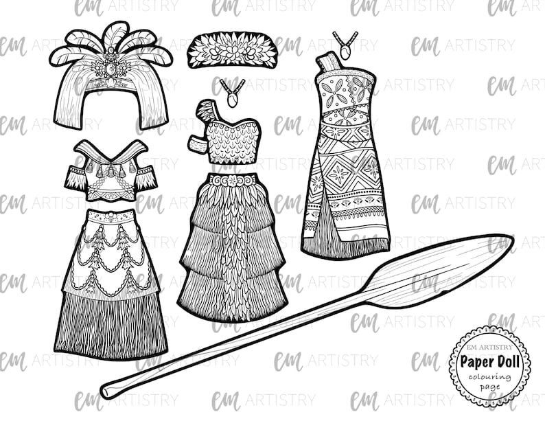 May include: Black and white line art paper doll of a Polynesian woman with a variety of clothing options, including a skirt, top, headdress, necklace, and a paddle.