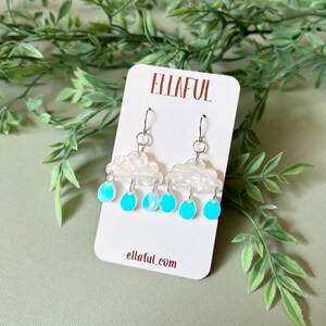 Blue Iridescent Cloud and Raindrops Earrings - Lightweight Acrylic Dangles - Hypoallergenic Earrings