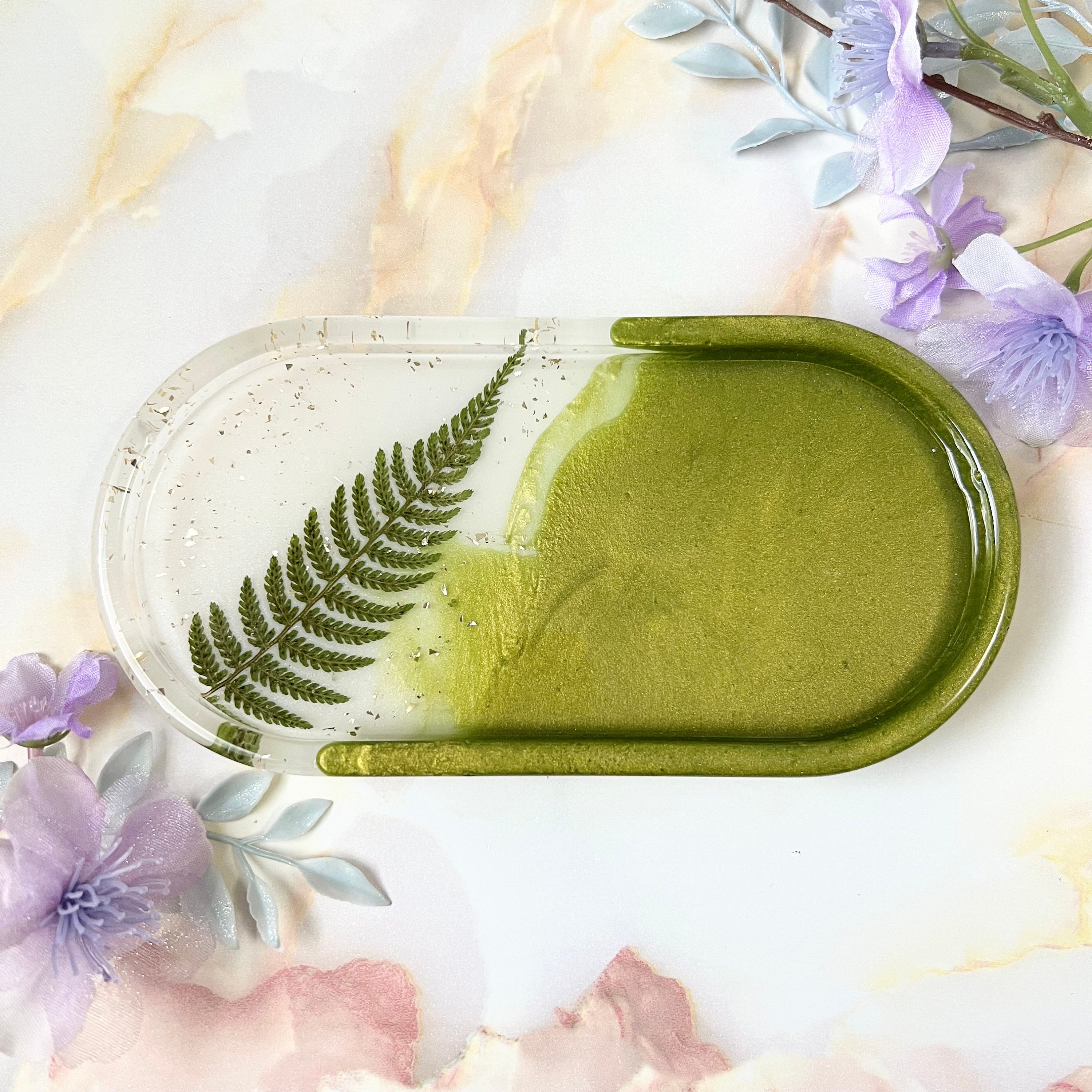 Green Ferns Pressed Flowers Resin Jewelry Tray Unique Ring Dish Etsy