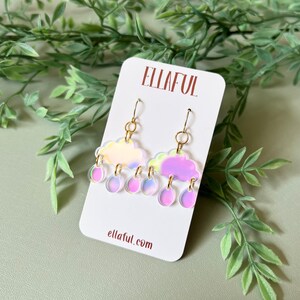 Iridescent Cloud and Raindrops Earrings - Lightweight Acrylic Dangles - Hypoallergenic Earrings