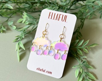 Iridescent Cloud and Raindrops Earrings - Lightweight Acrylic Dangles - Hypoallergenic Earrings