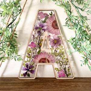 Pick Your Letter - Pressed Flower Monogram Signs - Purple Garden Flowers Design - Nursery, Living Room, Dorm Room Entryway Decor