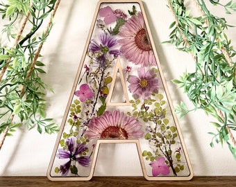 Pick Your Letter - Pressed Flower Monogram Signs - Purple Garden Flowers Design - Nursery, Living Room, Dorm Room Entryway Decor