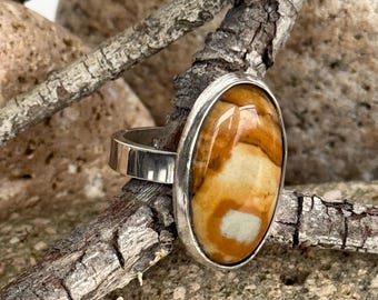 Sterling Silver and bezel set Owyhee Picture Jasper Ring. Size 6 3/4