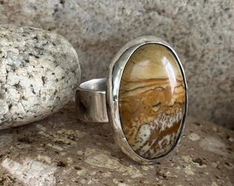Sterling Silver and bezel set Owyhee Picture Jasper Ring. Size 5 3/4