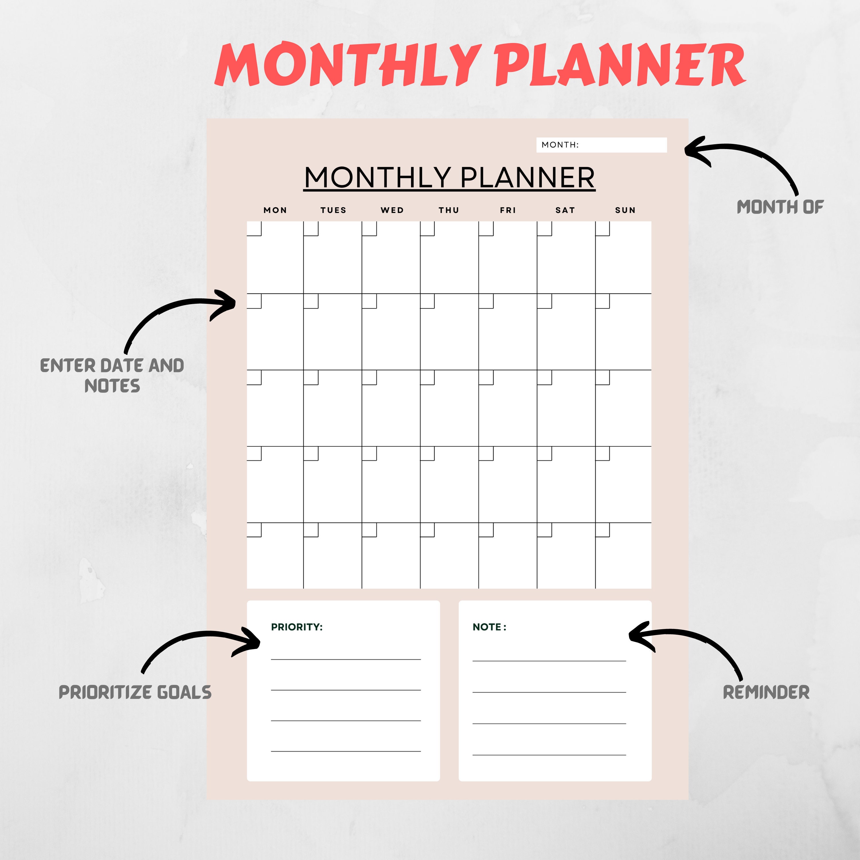 Monthly Planner Printable Monthly Agenda Monthly to Do List - Etsy