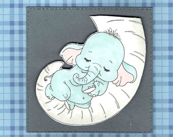 Handmade Baby Greeting Card featuring a baby elephant nestled in mama's trunk.