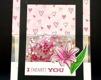 I Heart You greeting card with clear window and day lily