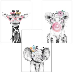 Poster children&#39;s room, 3 pictures for children&#39;s room and baby room decoration, children&#39;s pictures with animals for girls & boys, murals with premium