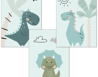 Bilderzeile® Dino poster children's room, pictures baby room decoration, children's pictures dinosaur boys, wall pictures DIN A4, without frame, set of 3 #17