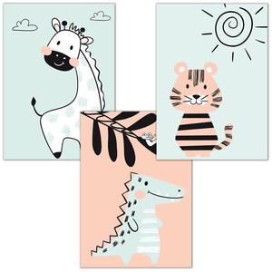 Poster children&#39;s room, 3 pictures for children&#39;s room and baby room decoration, children&#39;s pictures with animals for girls & boys, murals with premium