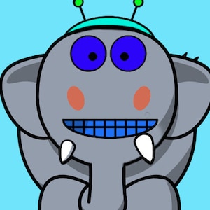 Könnte beinhalten: Cartoon-Illustration einer grauen, elefantenartigen Kreatur mit großen blauen Augen, einem türkisfarbenen Stirnband und zwei grünen Antennen. Die Kreatur hat ein breites blau gezahntes Grinsen und zwei weiße Stoßzähne, mit orangefarbenen Rouge-Markierungen auf ihren Wangen.