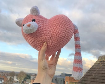 Plush heart cat - amigurumi crochet stuffed pink heart shaped cat plushie