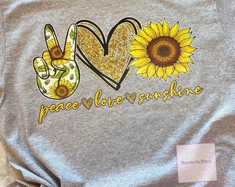 Peace Love Sunshine T shirt - sunflower - sun - peace - glitter - mom tee, cute saying shirt, sunny t shirt