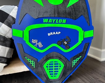 Cartello da parete con casco da motocross - moto da cross - BMX - decorazione da parete - cartello da corsa - bandiera a scacchi - pilota di moto - corse MX - decorazione per cameretta dei bambini