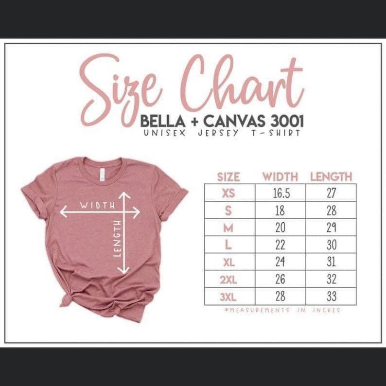 May include: Size chart for Bella + Canvas 3001 unisex jersey t-shirts. The chart shows the width and length measurements in inches for sizes XS to 3XL.