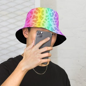 Reversible Neon Rainbow Leopard Bucket Hat | Rave Hat | Rave Wear | Neon Rave Hat | Burning Man Outfit | Rave Bucket Hat  | Rave Outfits