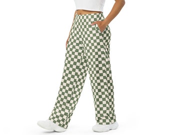 Sage Green Checkered Wideleg Pants | Unisex Wideleg Hippie Harem Cargo Pants | Retro 70s Clothing