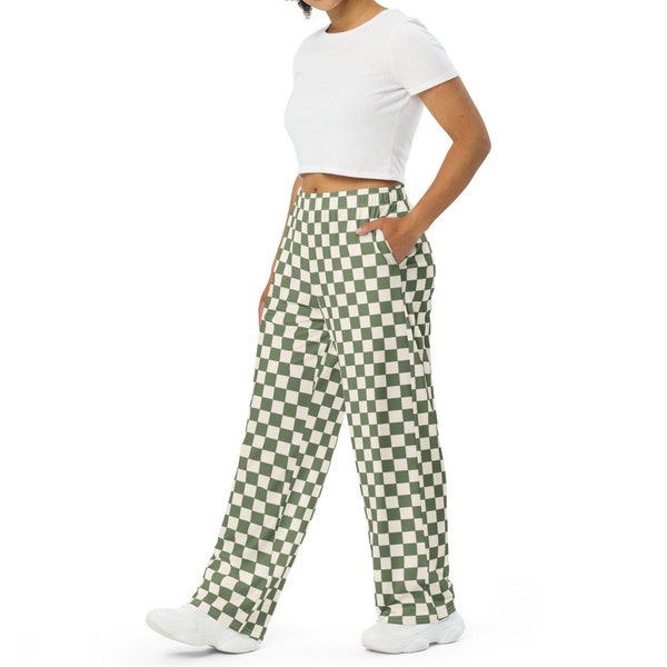 Sage Green Checkered Wideleg Pants | Unisex Wideleg Hippie Harem Cargo Pants | Retro 70s Clothing