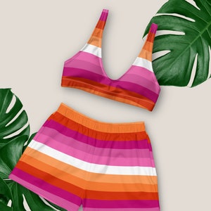 Sunset Lesbian Pride Flag High Waisted Swim Suit| Board Short Swim Trunks | Queer Bikini Swimwear Recycled Eco-friendly