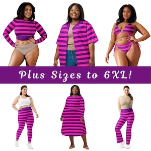 May include: A collection of clothing items featuring a horizontal purple and magenta striped pattern, including a long-sleeve crop top, a button-down shirt, a bikini set, leggings, a long-sleeve dress, and flared pants. The text reads: Plus Sizes to 6XL!