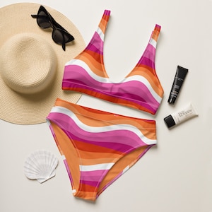 Sunset Lesbian Pride Flag High Waisted Swim Suit| Wavy Retro Bathing Suit | Queer Bikini Swimwear Recycled Eco-friendly