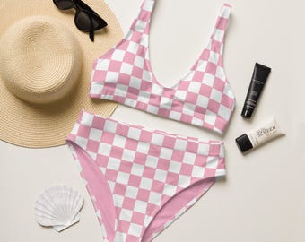 Doll Pink Checkered High Waisted Bikini Set | Modest Vintage Retro Bikini | Checked Swimsuit | Pink Bathing Suit