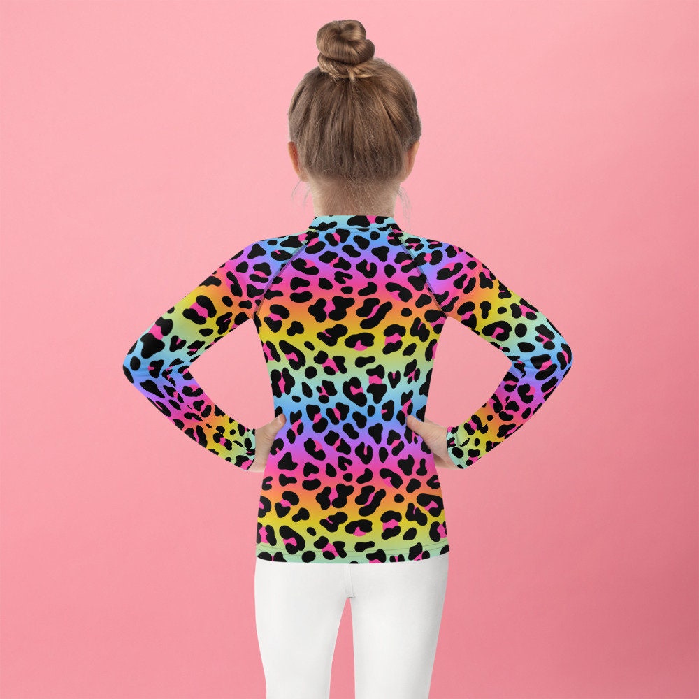 onlinestore purchases Rainbow Cheetah Long Rainbow Sleeve Fun Kid´s Leopard  Rashguard, Party Rainbow Neon Leopard Knee Rave Children´s Tshirt Print