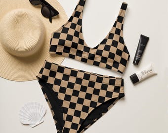 Tan Checkered Bikini Set | Retro Hippie Crop Top Bikini | Vintage High Waisted Swim Suit | Checker Bikini Swim Suit | Roller Skate Surf