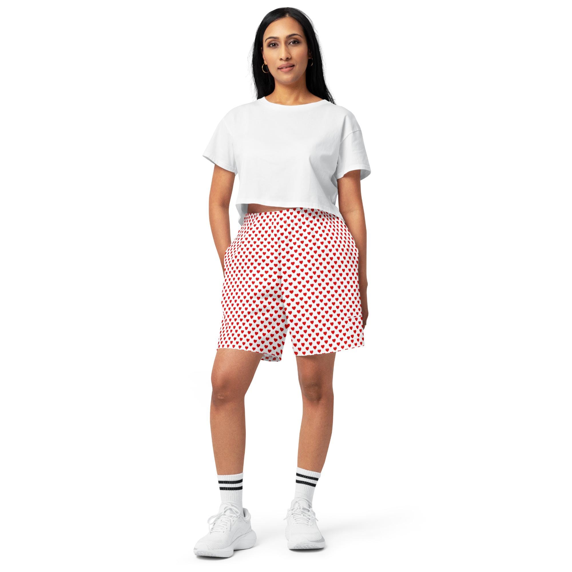 Red Heart Cotton Shorts, Unisex Lounge Shorts, White Heart Print Pajama Shorts, Funny Costume Shorts, Cozy Gift, Valentine's Outfit