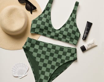 70s Groovy Green Checkered Bikini Set | Retro Hippie Crop Top Bikini | Vintage High Waisted Swim Suit | Checker Bikini Swim Suit