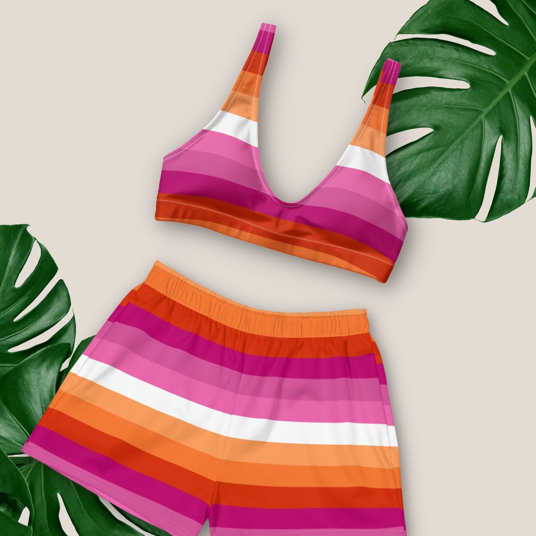 Sunset Lesbian Pride Flag High Waisted Swim Suit Board Short Swim