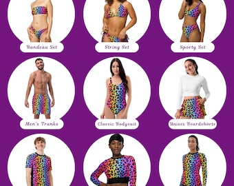 May include: A collection of swimwear and beachwear in a vibrant rainbow leopard print. The image showcases various styles, including bandeau sets, string bikinis, sporty sets, men's trunks, a classic bodysuit, unisex boardshorts, a swim t-shirt, a swim crop top, and a swim longsleeve.