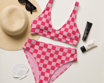 Pink Checkered Bikini Set | Retro 70s Strawberry Checked High Waisted Bikini Set | High Leg Swim Suit | Plus Size Bikini
