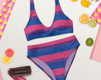 Bisexual Pride Flag Striped Bikini | Recycled high-waisted swim suit