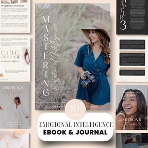 May include: A pink and white ebook and journal cover with the title "Emotional Intelligence Ebook & Journal". The cover features a woman in a blue dress and a wide-brimmed hat, holding a camera. The text "Mastering Emotional Intelligence" is written in white cursive on a pink background.