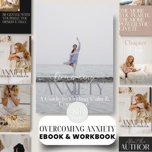 Könnte beinhalten: Werbematerialien für ein E-Book und Arbeitsbuch mit dem Titel "Overcoming Anxiety". Das zentrale Bild zeigt eine Frau in einer Yoga-Pose. Weitere Bilder enthalten Text und Fotos zum Thema des Buches, mit 86 Seiten.