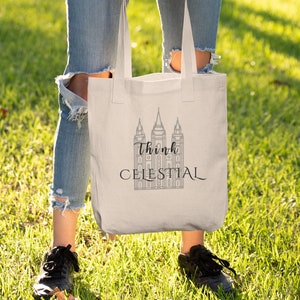 Think Celestial Cotton Canvas Bag General Conference Missionary Gift Young Women Relief Society Temple Worker Birthday Present Christmas