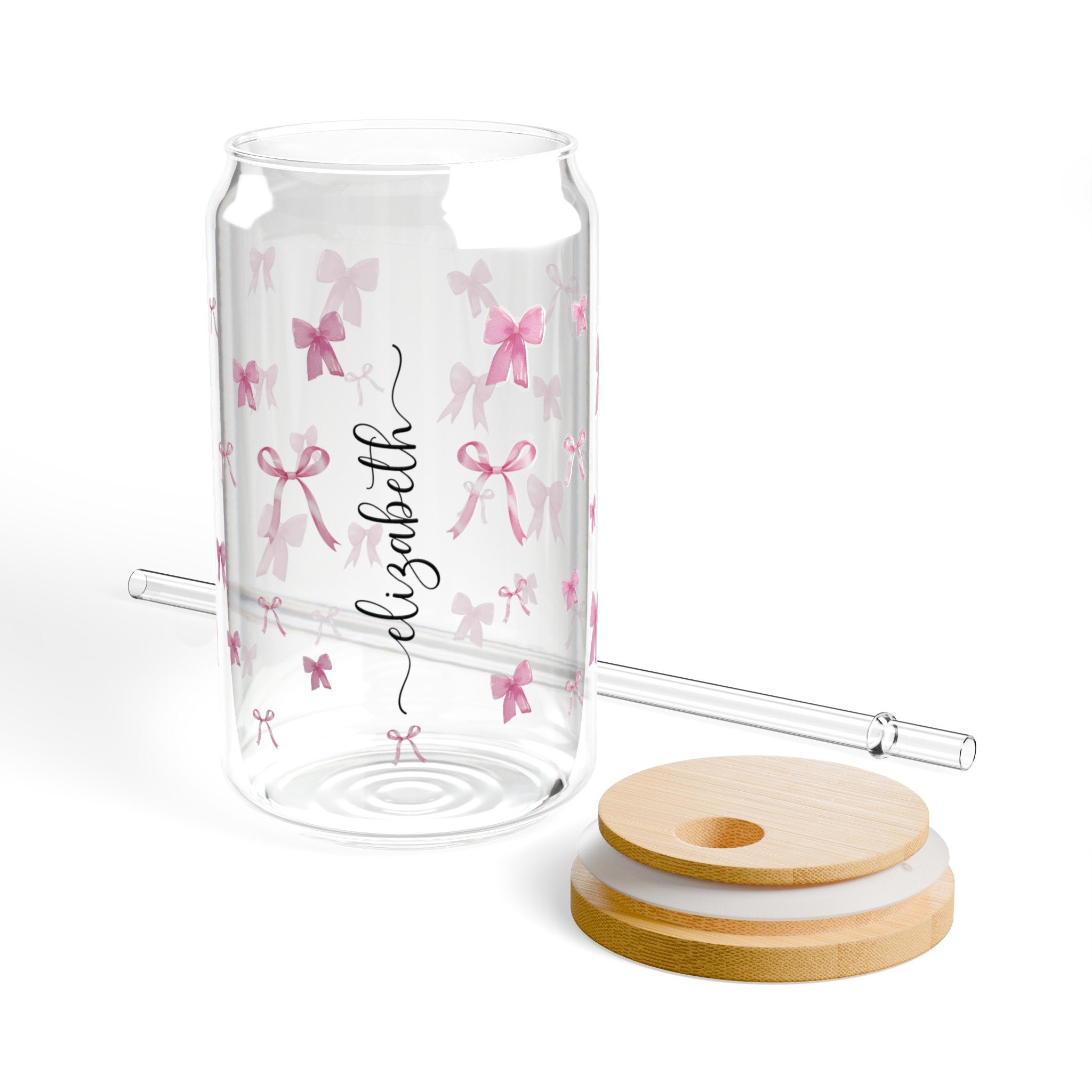Personalized Glass Tumbler Pink Bows Glass Cup 16oz Coquette Glass Cup ...
