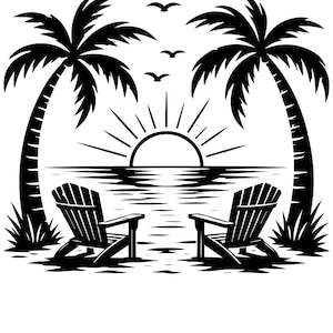 May include: A black and white graphic illustration featuring two Adirondack chairs facing a sunset over the ocean. Two palm trees frame the scene on either side, with three birds flying in the sky above the sun, which has radiating rays.