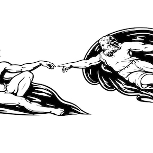 May include: Black and white illustration of the iconic 'Creation of Adam' fresco by Michelangelo. Two figures, one reclining and the other floating, extend their hands towards each other, nearly touching. The artwork is a classic representation of the Renaissance.