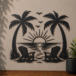 May include: A black metal wall art piece featuring a tropical beach scene with two palm trees, two Adirondack chairs facing a rising sun, and three birds flying in the sky. The design is flat and silhouette-style with clean cutouts.