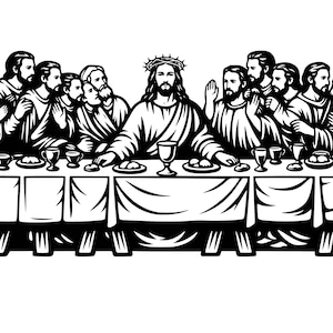 Puede incluir: Ilustración en blanco y negro que representa la Última Cena. Jesús, con una corona de espinas, está en el centro de una larga mesa con doce figuras. La mesa está puesta con platos, copas y pan. La imagen es una representación gráfica detallada.