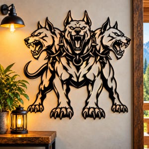 May include: A black metal wall art piece depicting a three-headed dog, or Cerberus, with each head featuring sharp teeth, pointed ears, and a spiked collar. The design is flat, silhouette-style, and mounted on a plain, light-colored wall surface.