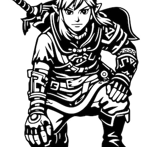May include: Black and white illustration of a character from a video game, kneeling with a sword on their back. The character is wearing detailed armor and boots, with a determined expression. The image is a graphic design.