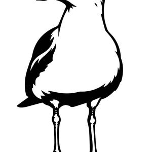 Puede incluir: Ilustración en blanco y negro de una gaviota. El ave se muestra de perfil, con la cabeza ligeramente girada hacia la izquierda. Tiene un pico curvo, un cuerpo redondeado y patas largas y delgadas. La imagen es un diseño gráfico simple.