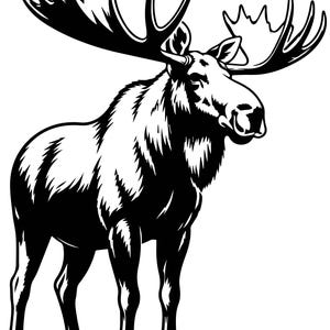 May include: A high-contrast black and white graphic illustration of a standing moose. The design features bold, solid black lines and shapes to define the animal's large, wide antlers, thick fur texture, and sturdy body structure against a white background.