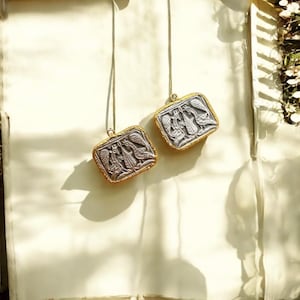 Ancient Square Greek Pendant, Gold Silver Medallion Charm, Greek Roman Vintage Jewelry Supply, Ancient Greek Pendant